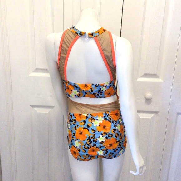 Kandi Kouture Orange Floral Leopard Print Mesh Panel Dance Leotard Size TM - Picture 5 of 11